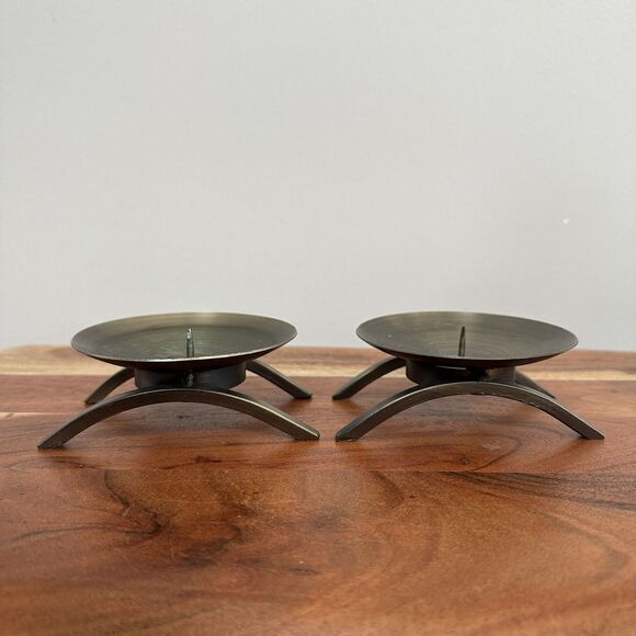 2- Pillar Candlestick Holder 4.5" Bronze Metal Brutalist MCM Modern Art Abstract - Picture 1 of 13